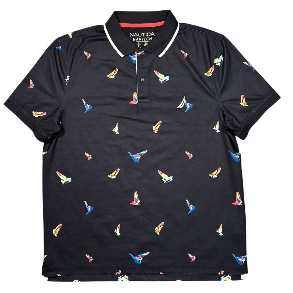 Nautica Navtech Navy Sailboat All-Over Print Moisture Wicking Polo Mens Large